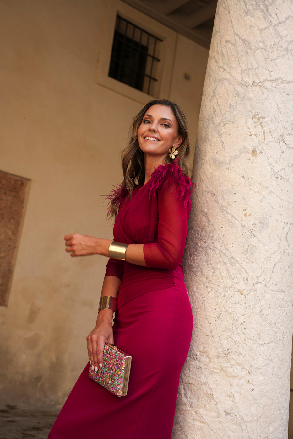 Vestido midi drapeado coral - ÚLTIMAS UNIDADES