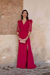 Vestido largo drapeado con escote cruzado cereza