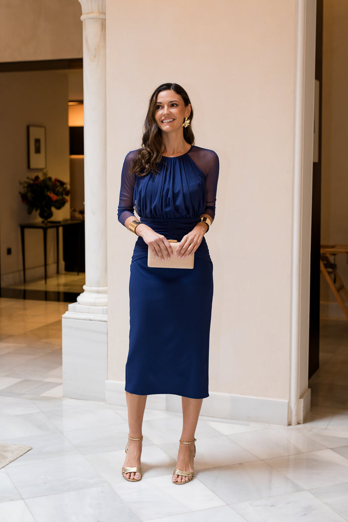 Novo vestido midi drapeado turquesa