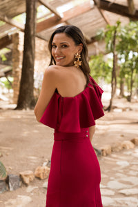 Novo vestido midi drapeado turquesa