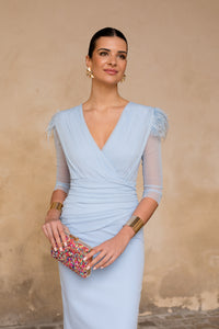 Novo vestido midi drapeado turquesa