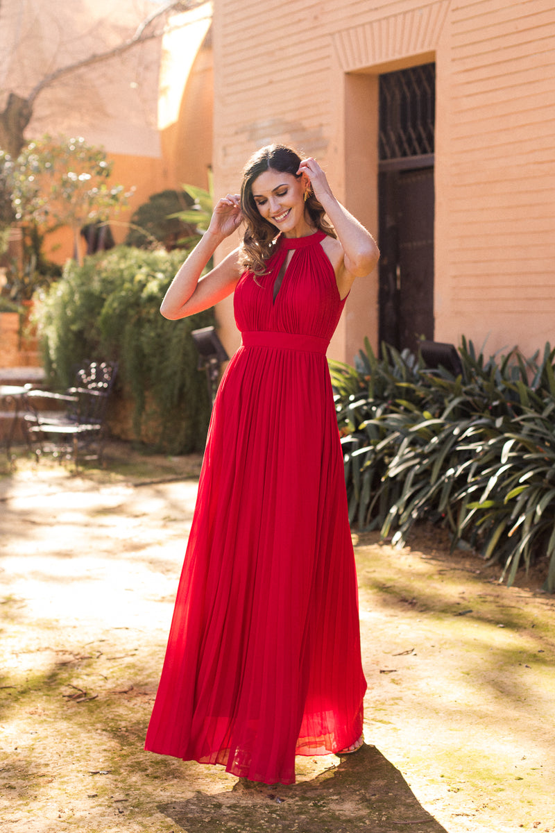 Vestido Halter plisado rojo