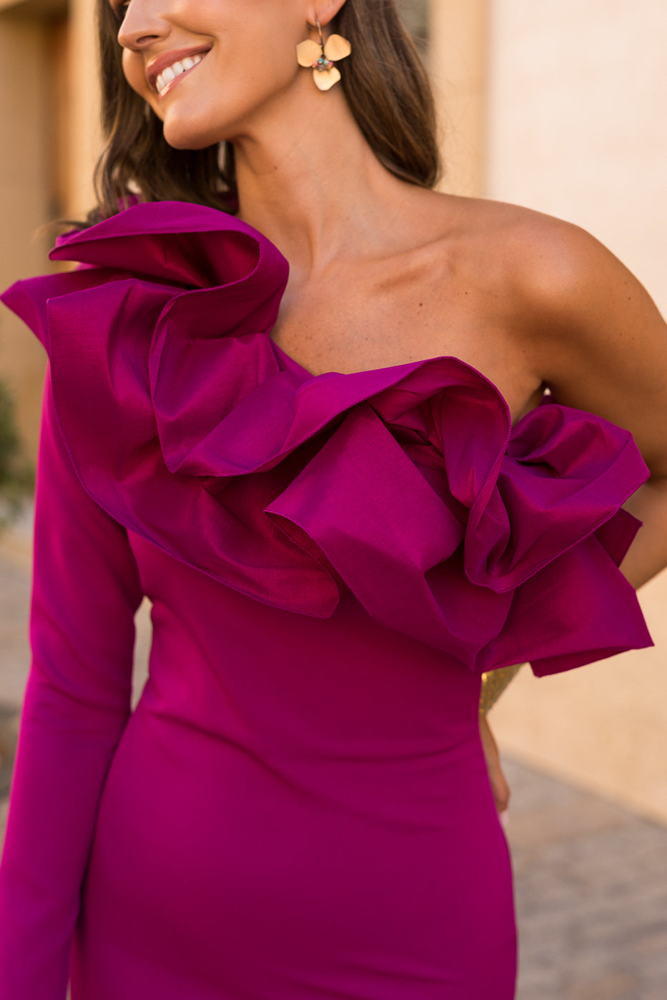 Vestido midi assimétrico Petúnia buganvílias