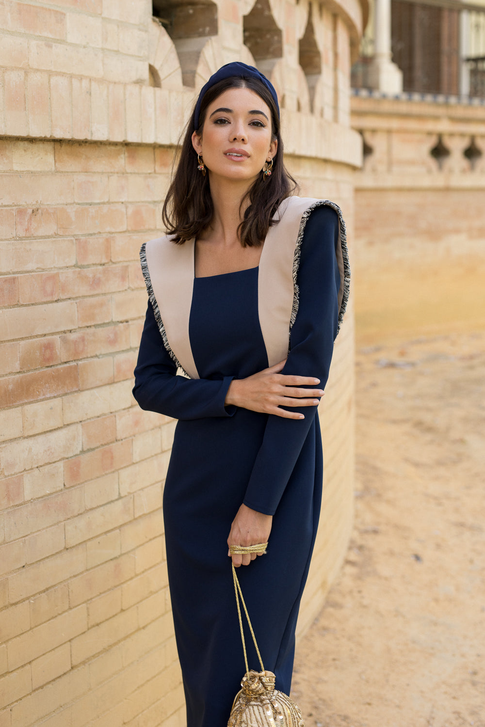 Vestido midi drapeado azul marinho