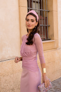 Vestido midi drapeado con mangas de tul escote redondo