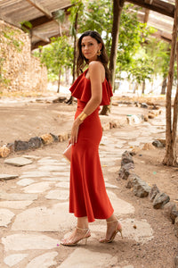 Novo vestido midi drapeado turquesa