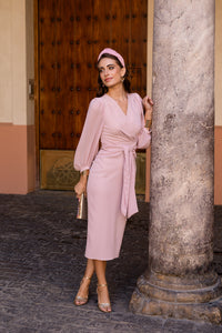 Vestido midi mangas gasa con lazada delantera