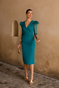 Novo vestido midi drapeado turquesa