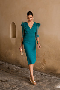 Novo vestido midi drapeado turquesa