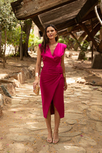 Vestido midi tulipán hombrera buganvilla