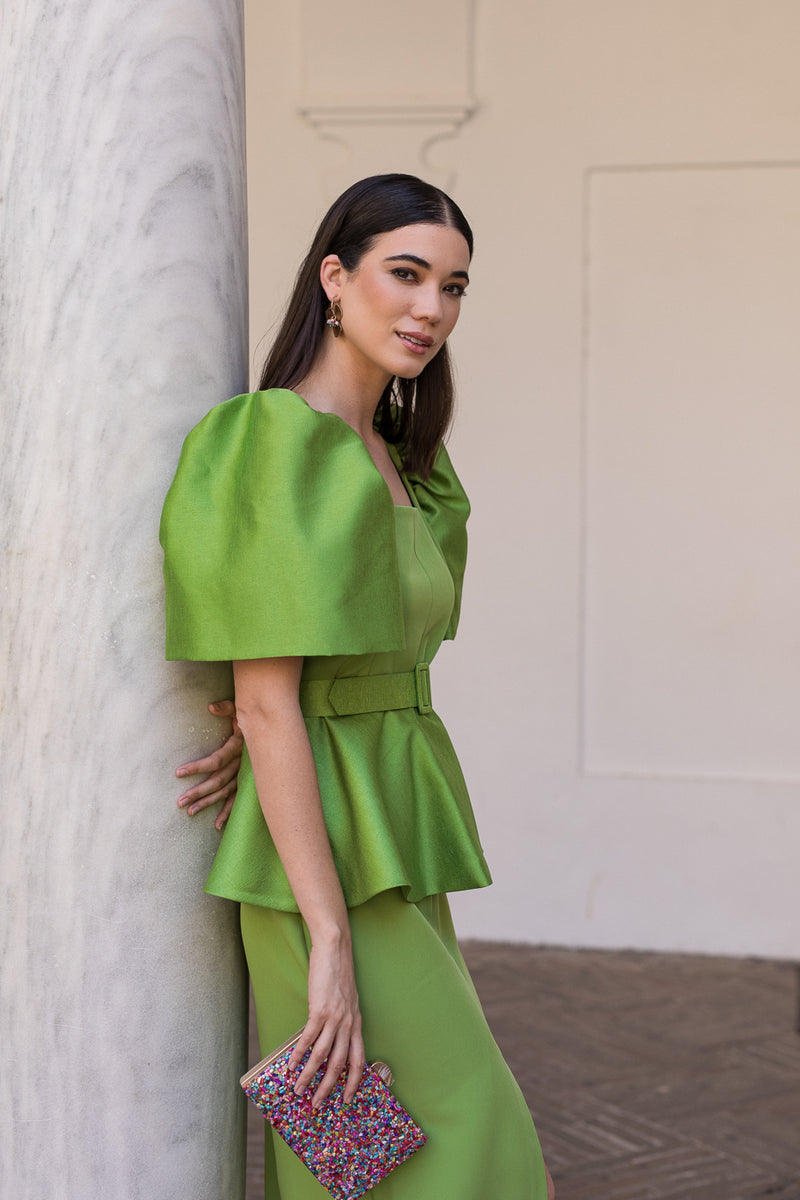 Novo vestido midi drapeado turquesa
