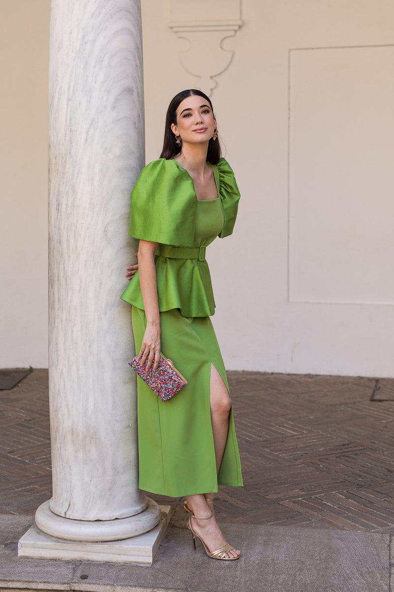 Novo vestido midi drapeado turquesa