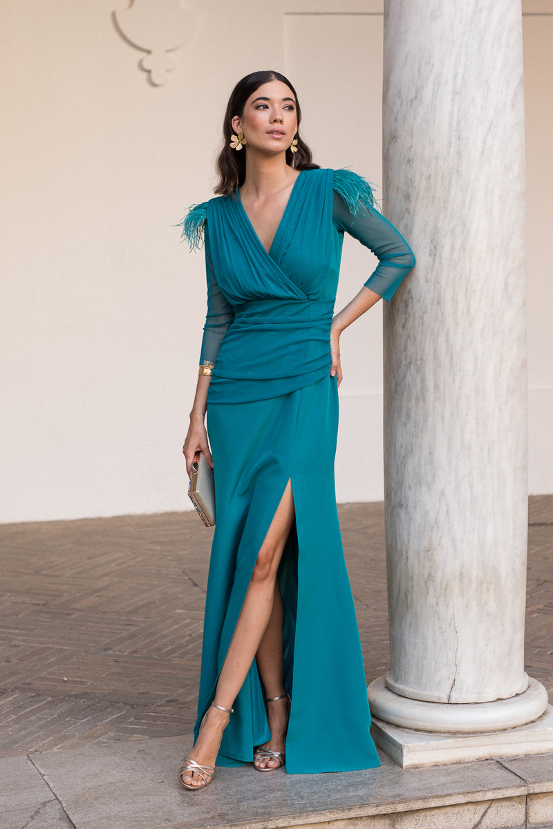 Vestido midi longo drapeado turquesa - ÚLTIMAS UNIDADES