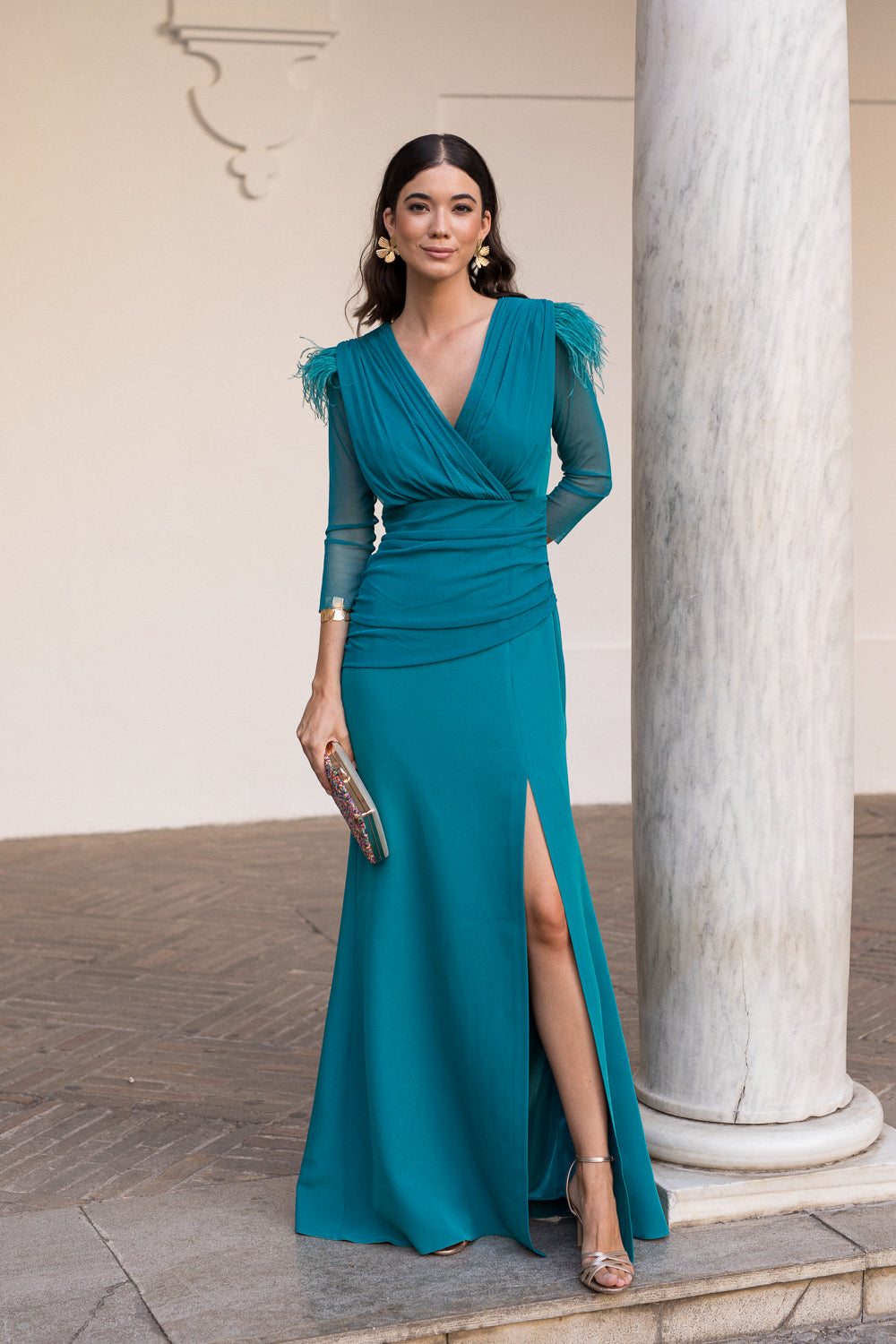 Vestido midi longo drapeado turquesa - ÚLTIMAS UNIDADES