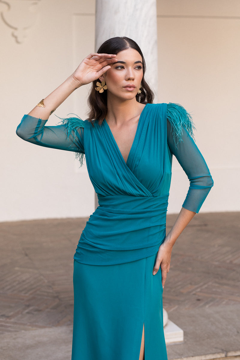 Vestido midi longo drapeado turquesa - ÚLTIMAS UNIDADES