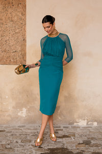 Novo vestido midi drapeado turquesa