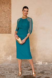 Novo vestido midi drapeado turquesa