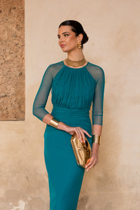 Novo vestido midi drapeado turquesa