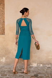 Novo vestido midi drapeado turquesa