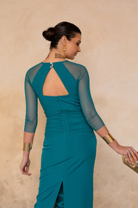 Novo vestido midi drapeado turquesa