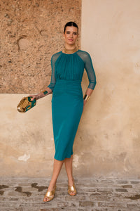 Novo vestido midi drapeado turquesa