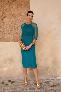 Novo vestido midi drapeado turquesa