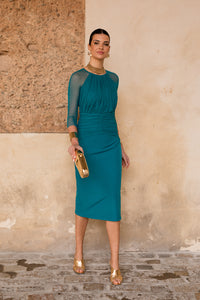 Novo vestido midi drapeado turquesa