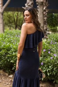 Novo vestido midi drapeado turquesa