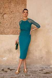 Novo vestido midi drapeado turquesa