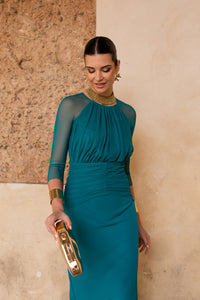 Novo vestido midi drapeado turquesa