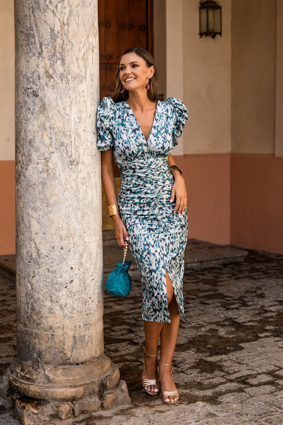 Novo vestido midi drapeado turquesa