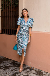 Novo vestido midi drapeado turquesa