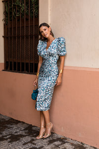 Novo vestido midi drapeado turquesa