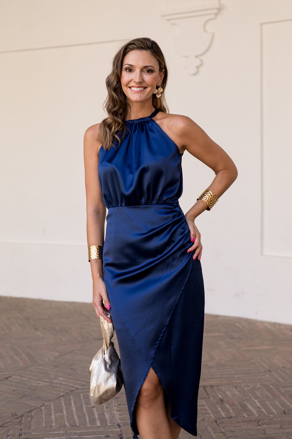 Vestido midi halter lazo azul noche