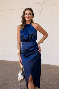 Vestido midi azul meia-noite com laço e laço