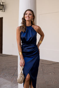 Vestido midi azul meia-noite com laço e laço