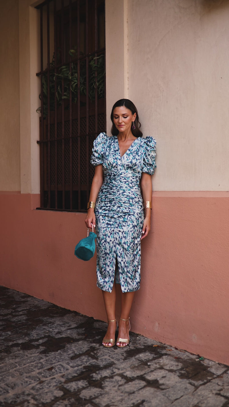 Novo vestido midi drapeado turquesa
